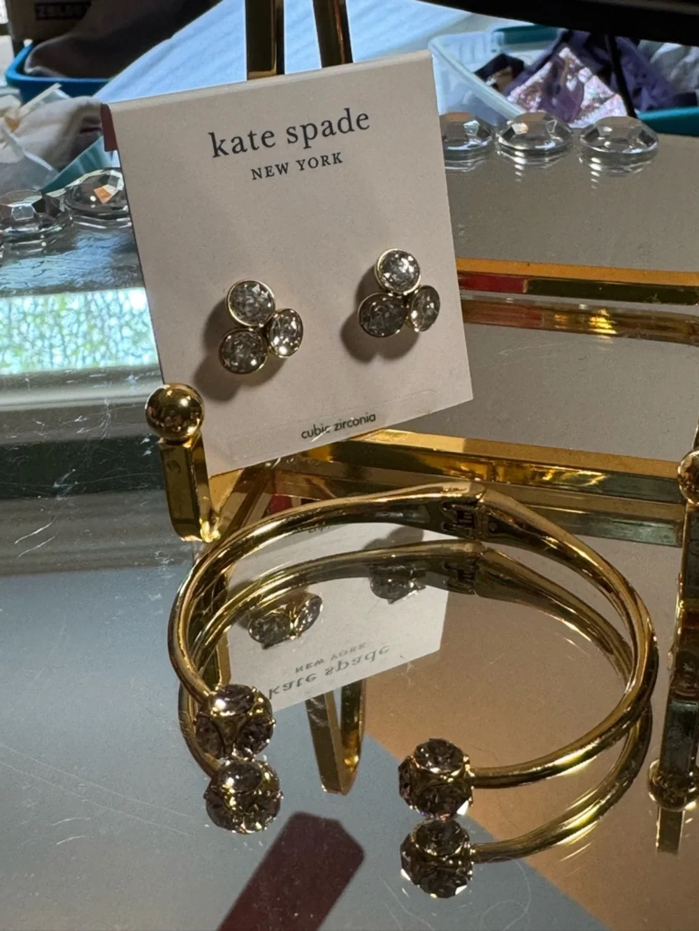 kate spade Gold-Tone Triple Crystal Stud Earrings & matching stone Bracelet - Picture 2 of 10